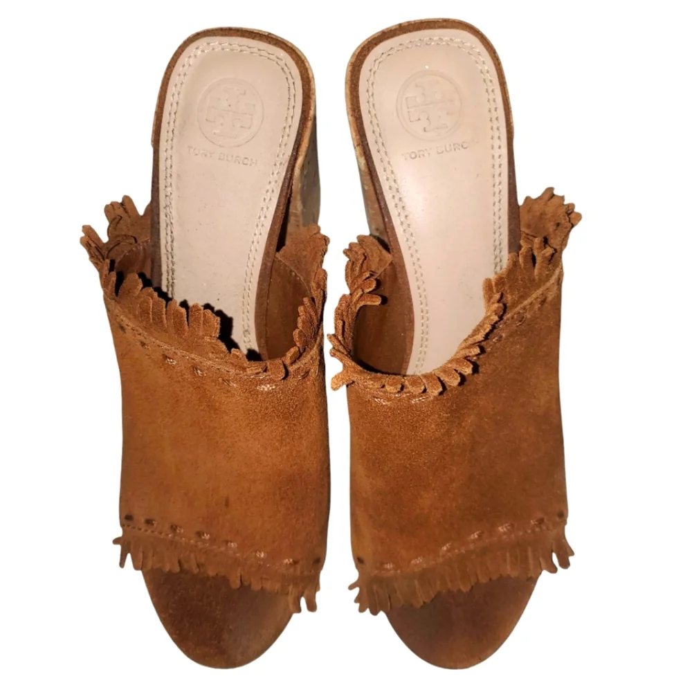 TORY BURCH Huntington Brown Suede Fringe Cork Block Heel Slide-on Sandal Size 9M